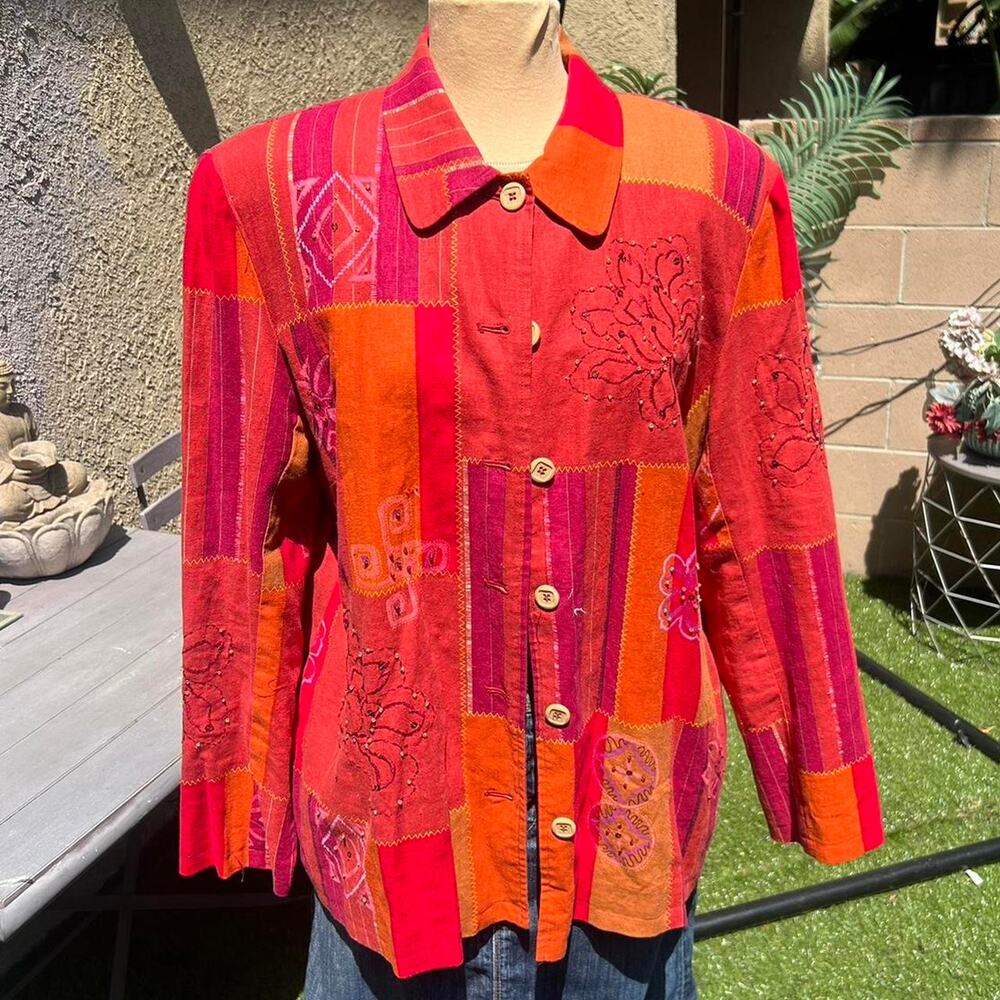 Vintage Patchwork Lightweight Button Up Orange Pi… - image 2